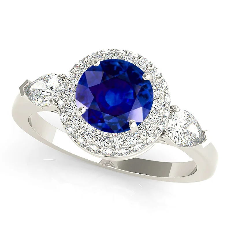 Sparkly Diamond Ring-1.35 ct. Genuine Blue Sapphire Pave Set Halo Ring