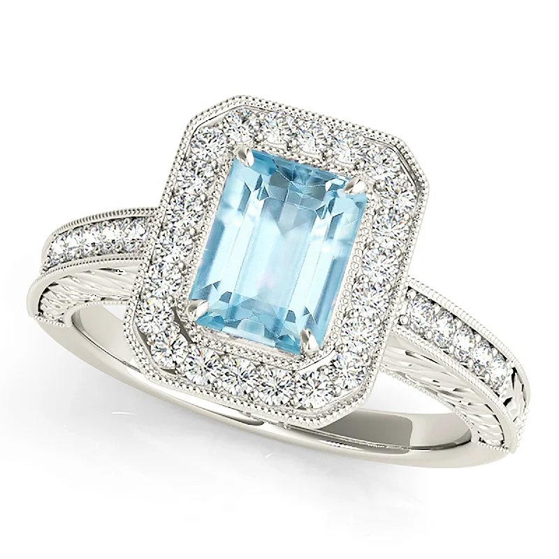 Trendy Silver Ring-1.00 ct. Genuine Emerald Cut Aquamarine Ring With Halo