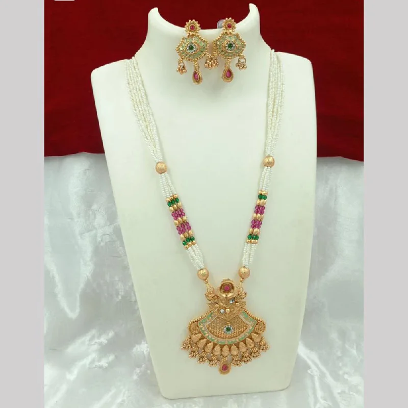 Colorful Gemstone Necklace-FS Collection Gold Plated Pearl Long Necklace Set