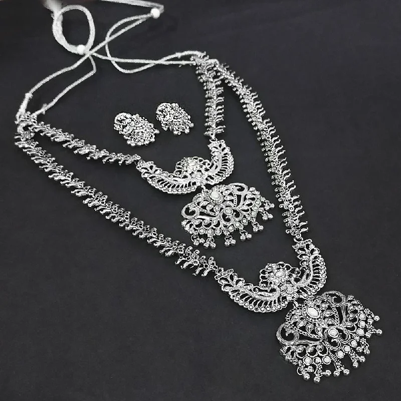 Black Diamond Necklace-Kriaa Oxidised Plated White Pearl Double Necklace Set - 1116006