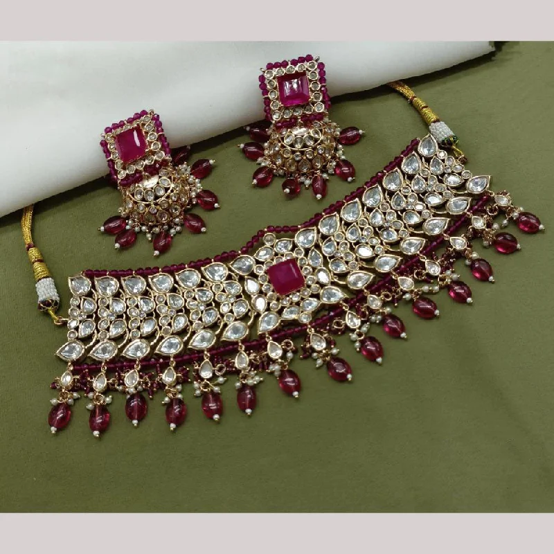 Silver and Gold Necklace-Amoliya Jewels Gold Plated Polki Kundan Stone And Pearls Choker Necklace Set