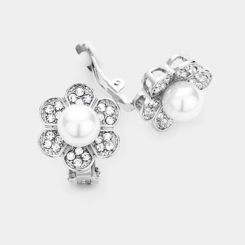 Bold Silver Earrings-Pearl Centered Crystal Pave Floral Clip On Earrings