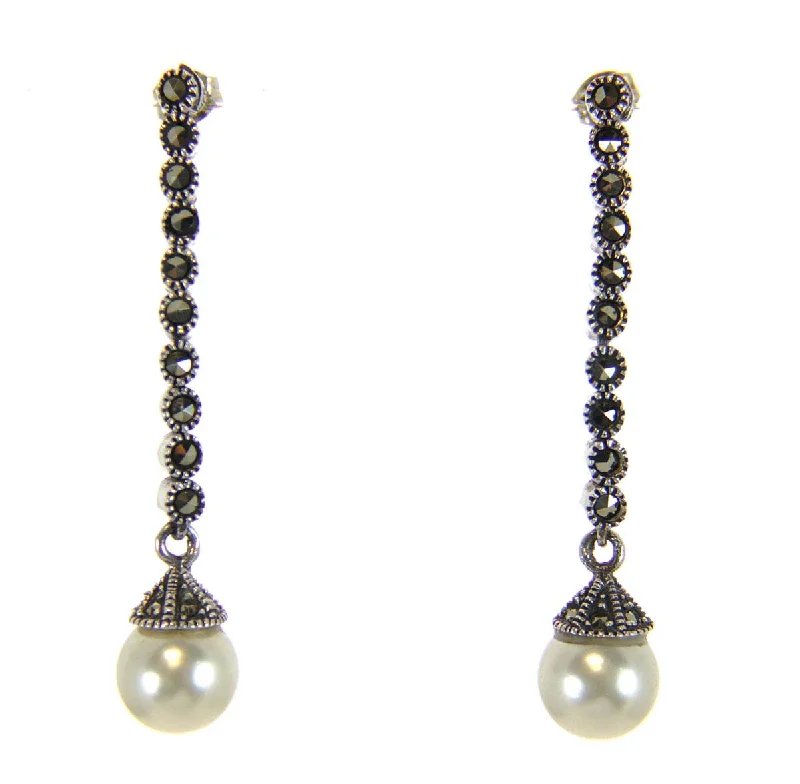 Bold Fashion Earrings-Sterling Silver Marcasite & Pearl Earrings