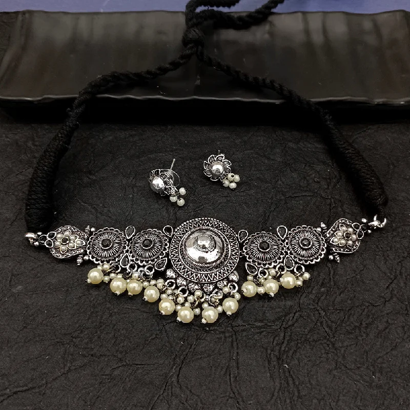 Luxury Diamond Pendant Necklace-Deep Jewell Oxidised Plated Crystal Stone Choker Necklace Set