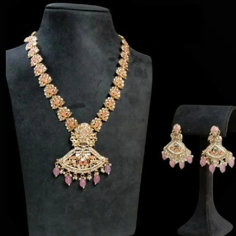 Beaded Charm Necklace-Rudraksh Art Gold Plated Pota Stone And Beads Necklace Set