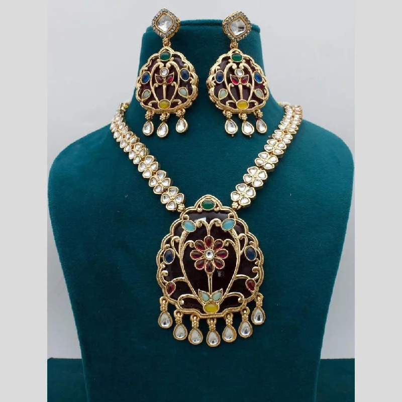 Stylish Pendant Necklace-JCM Gold Plated Kundan Stone Necklace Set