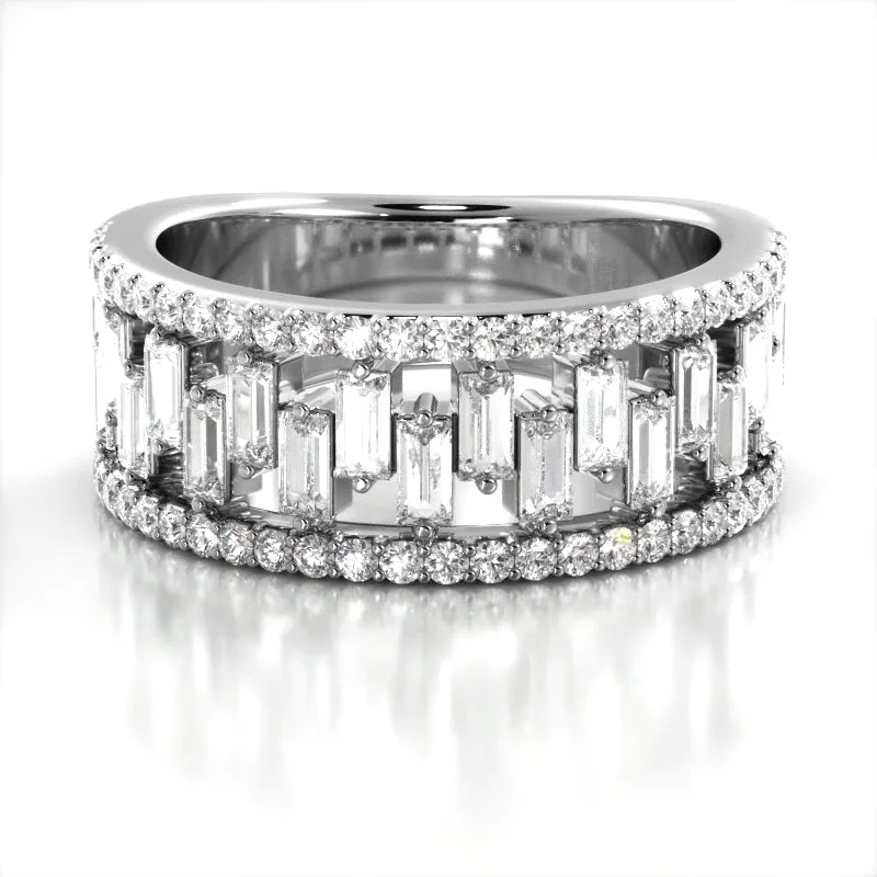 Stackable Silver Ring-1.50 ct. Baguette And Round Diamond Wedding Band