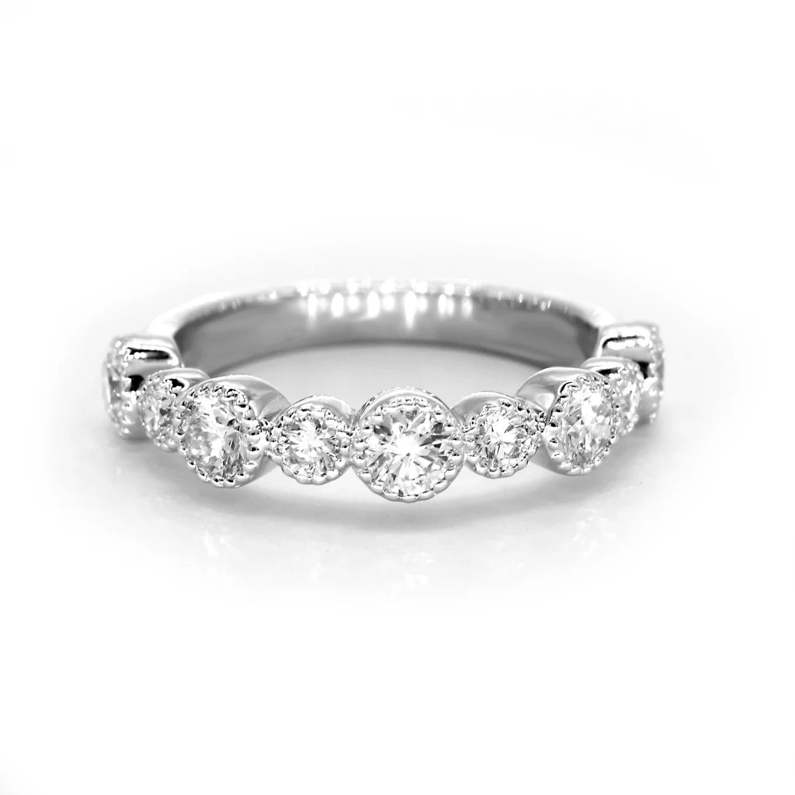 Gold and Silver Ring-0.85 ct. Round Diamond Wedding Stackable Band, Bezel Set Milgrain Accent Ring