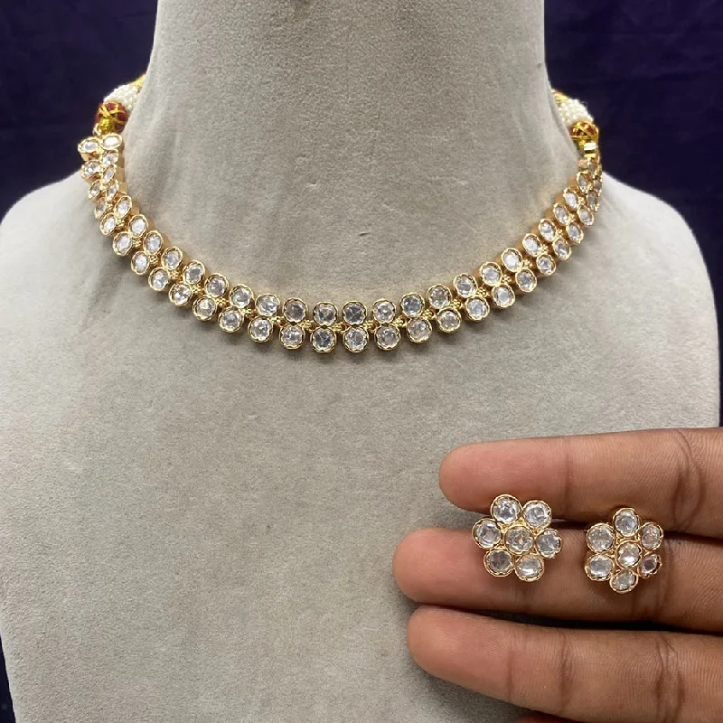 Long Gold Necklace-Royal Kundan Jewellery Gold Plated Polki Kundan Necklace Set