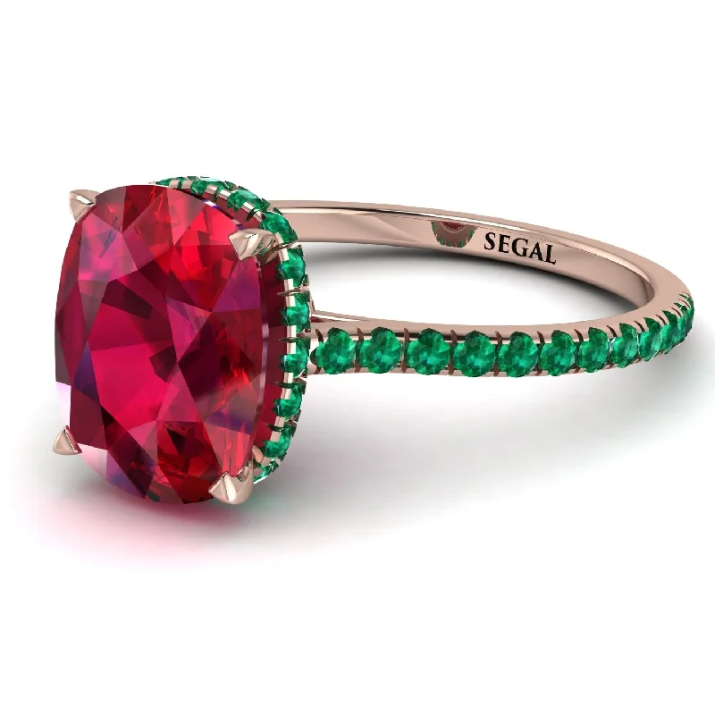 Classic Diamond Wedding Band-Hidden Halo Cushion Ruby Ring - Alayna No. 26