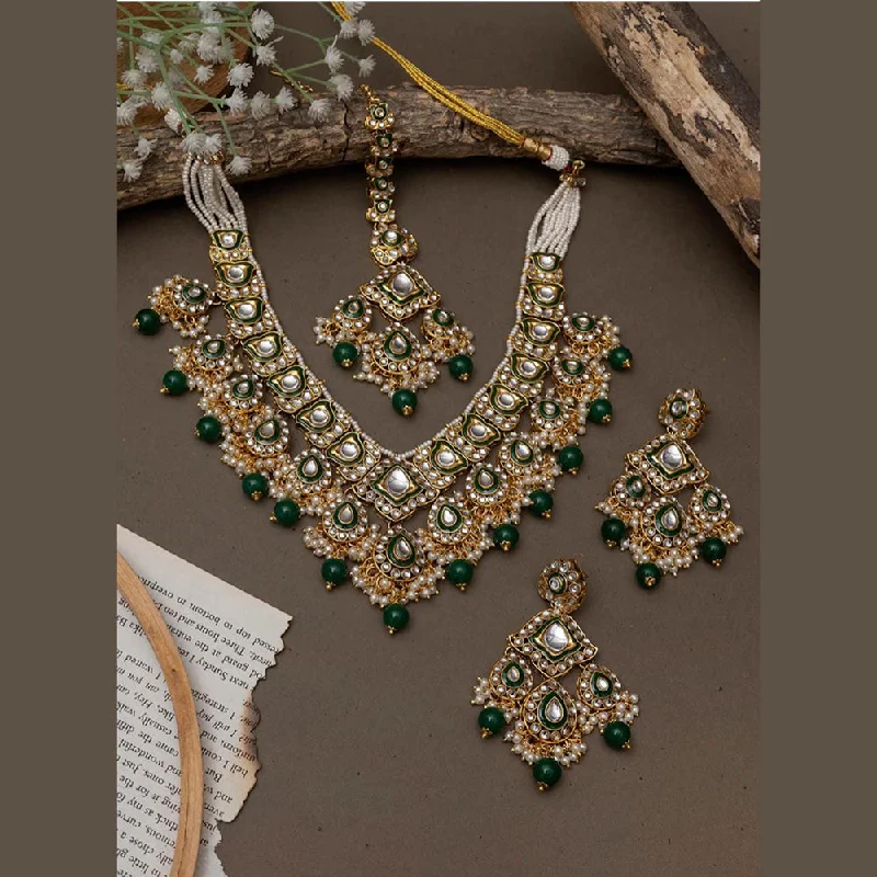 Fashionable Multi-Chain Necklace-India Art Gold Plated Kundan Stone And Beads Necklace Set