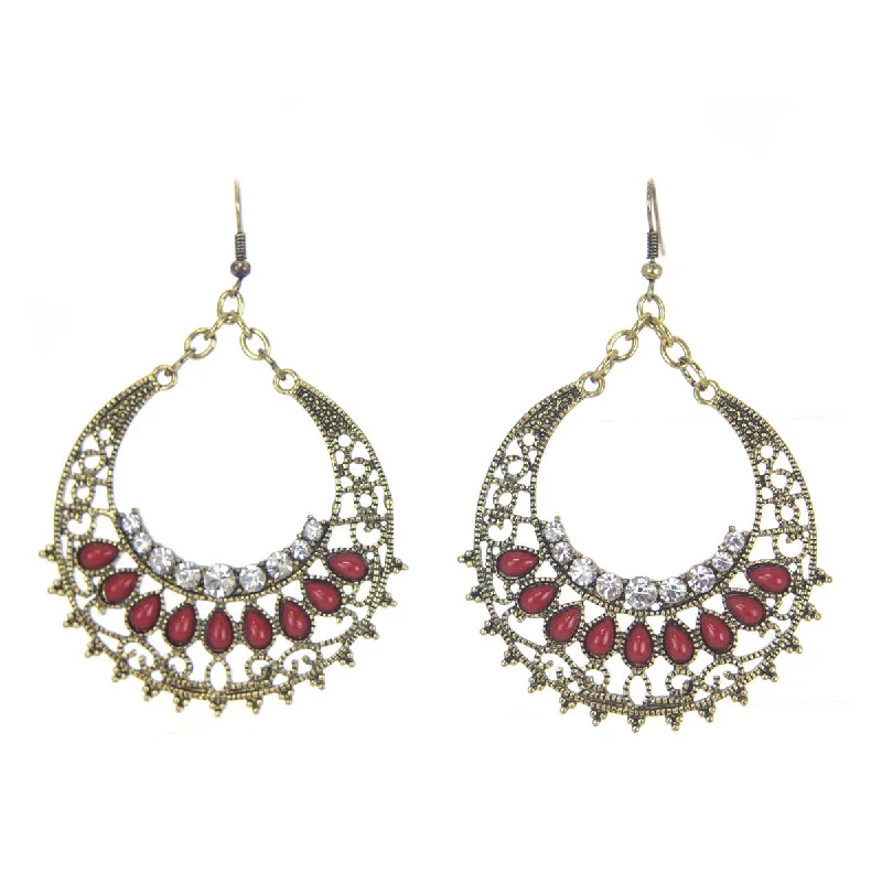 Elegant Crystal Earrings-Antique Gold Rhinestone Earrings with Red Beads