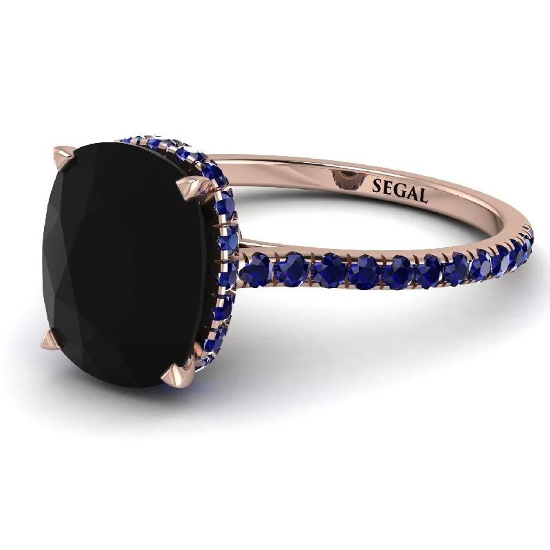 Gold Diamond Band-Hidden Halo Cushion Black Diamond Ring - Alayna No. 68