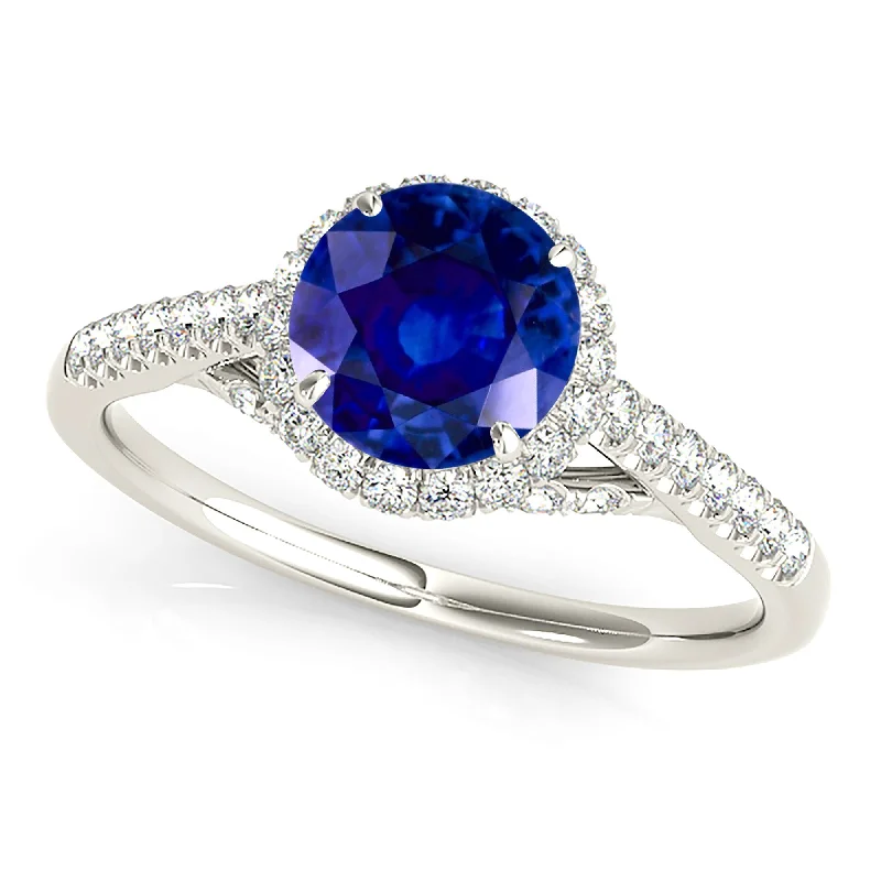 Gold Engagement Ring-1.35 ct. Genuine Blue Sapphire Halo Ring