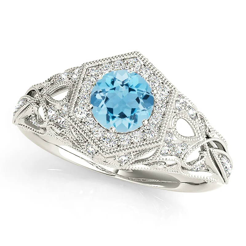 Modern Cocktail Ring-1.10 ct. Genuine Aquamarine Ring With Milgrain Halo,  Diamond Fancy Band