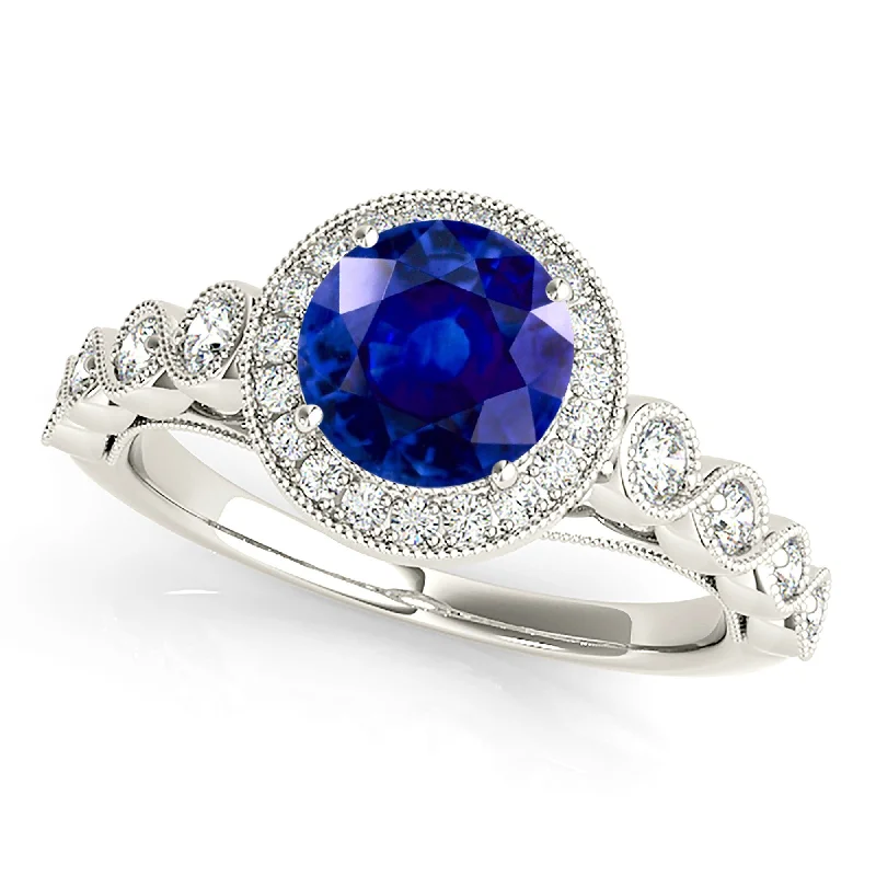 Classic Wedding Ring-1.35 ct. Genuine Blue Sapphire Ring Milgrain Halo Style