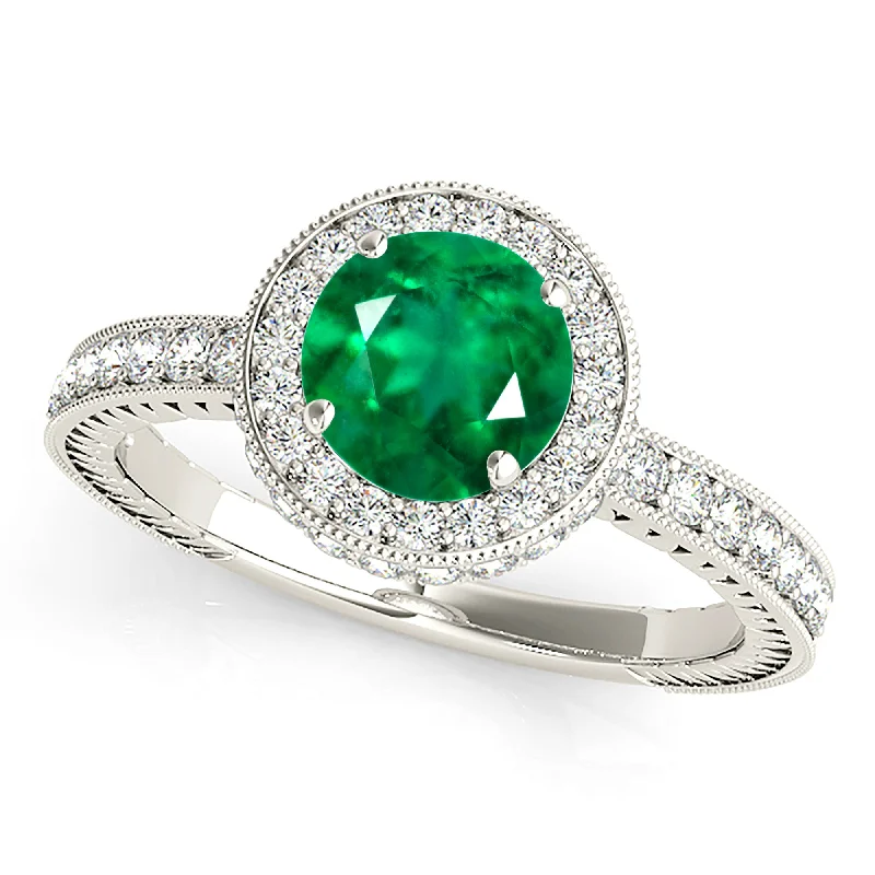 Unique Gold Engagement Ring-1.15 ct. Genuine Emerald and 0.50 ctw. Diamond Halo Gemstone Ring