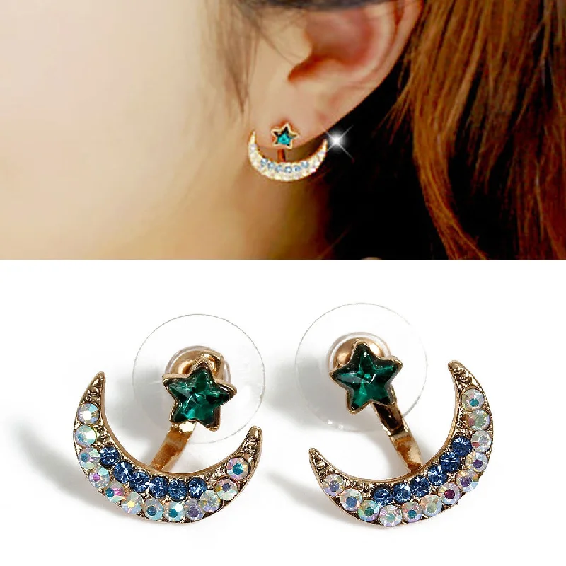 Celestial Star Earrings-Sexy Sparkles Ear Jacket Stud Half Moon Gold Plated Blue AB Earrings Back Ear Cuffs Stud Earring