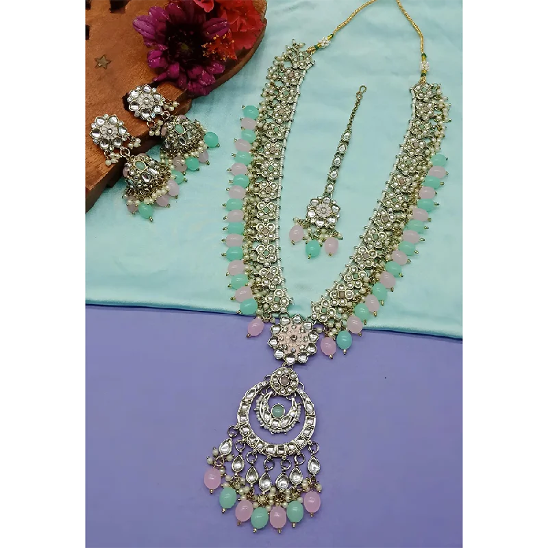 Round Gemstone Necklace-Gehana Mahal Kundan Stone And Meenakari Pearls Long Necklace Set