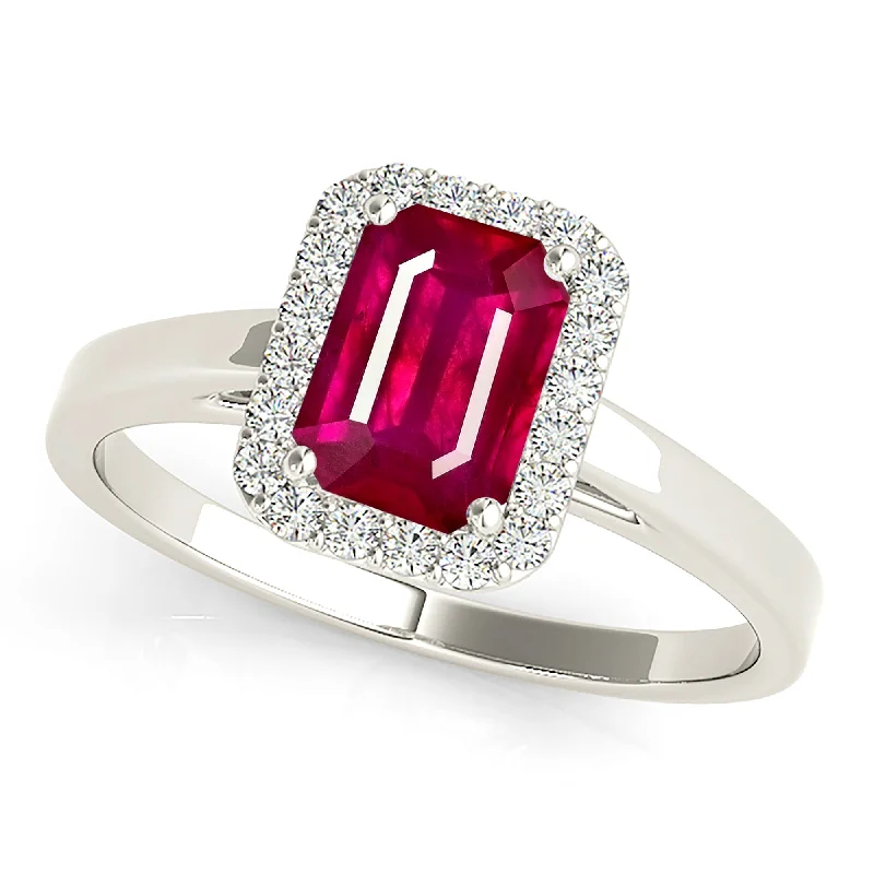 Luxury Ruby Ring-1.20 ct. Genuine Emerald Cut Ruby Ring with Halo And Solid Gold Shank