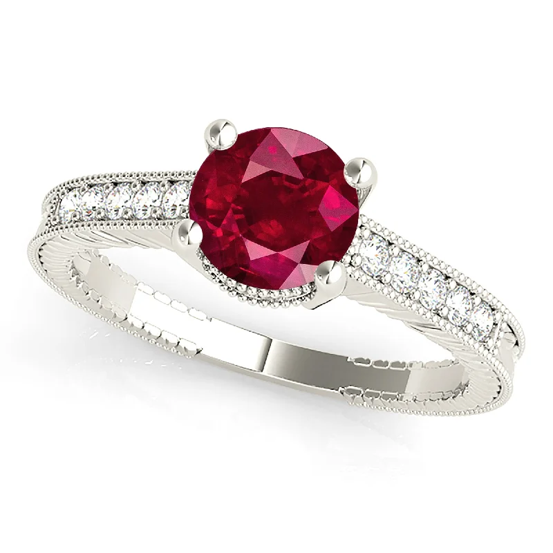 Two-Tone Gold Ring-1.80 ct. Genuine Ruby Ring With Underneath Halo And Filigree Diamond Band