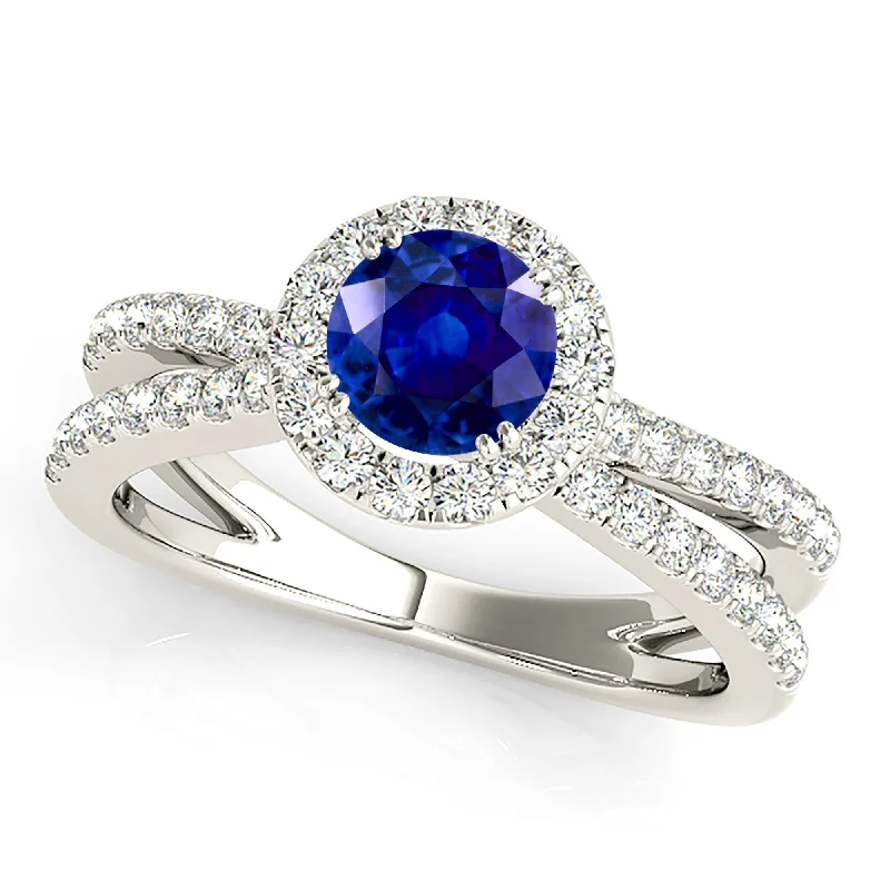 Promise Ring for Her-1.35 ct. Genuine Blue Sapphire Criss Cross Halo Ring