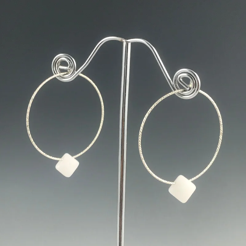 Unique Designer Earrings-Silver Hoop White Drop Earrings - M