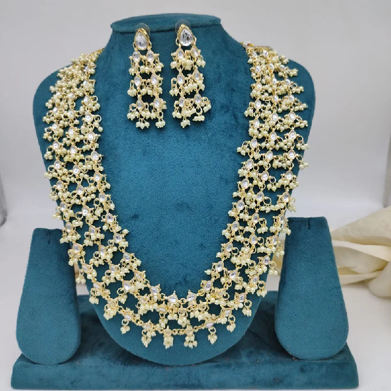 Unique Personalized Necklace-Akruti Collection Gold Plated Kundan And Pearl Multi Layer Long Necklace Set