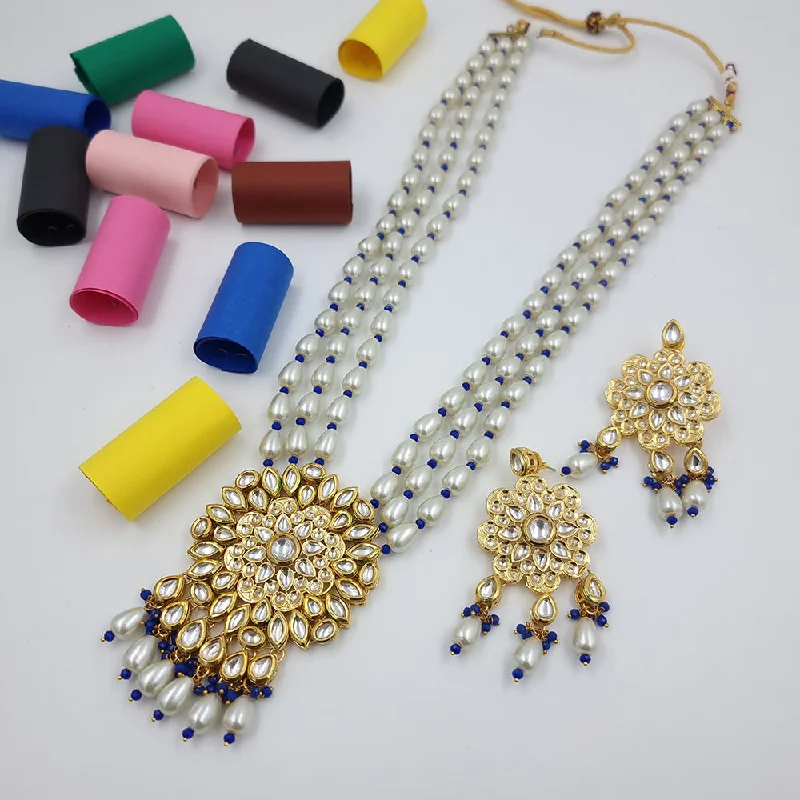 Modern Silver Necklace-JCM Gold Plated Kundan Stone Pearls And Beads Long Necklace Set