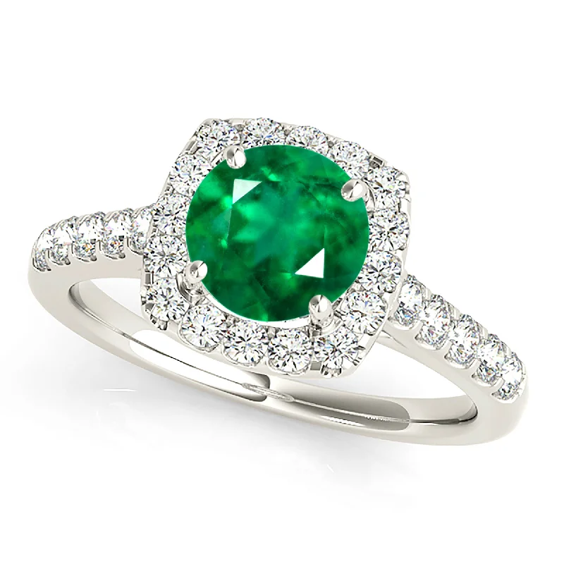 Sterling Silver Ring-1.75 ct. Genuine Emerald Ring With Cushion Halo, Delicate Diamond Band