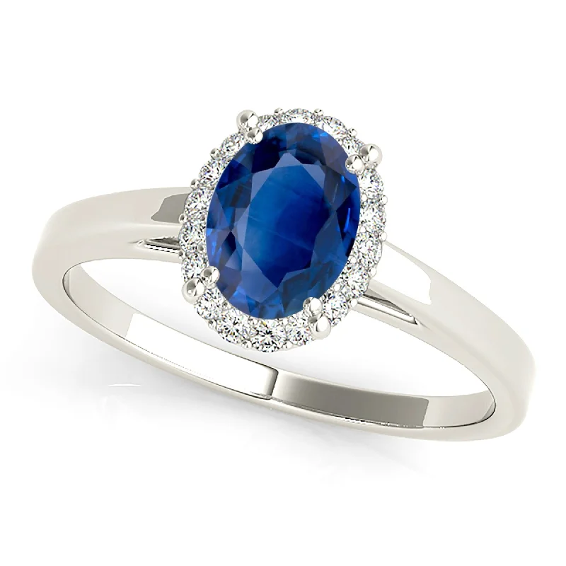 Custom Gemstone Ring-1.50 ct. Genuine Blue Oval Sapphire Ring with Halo Style, Solid Gold Band