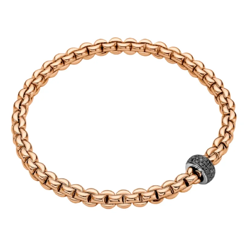 Simple Gold Cuff Bracelets-Eka 18ct Rose Gold Flex'it Bracelet With Pave Set Black Diamond Rondle