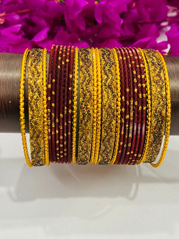 Boho Style Bangles-Attractive Maroon Gold Color Designer Metal Bangle Set