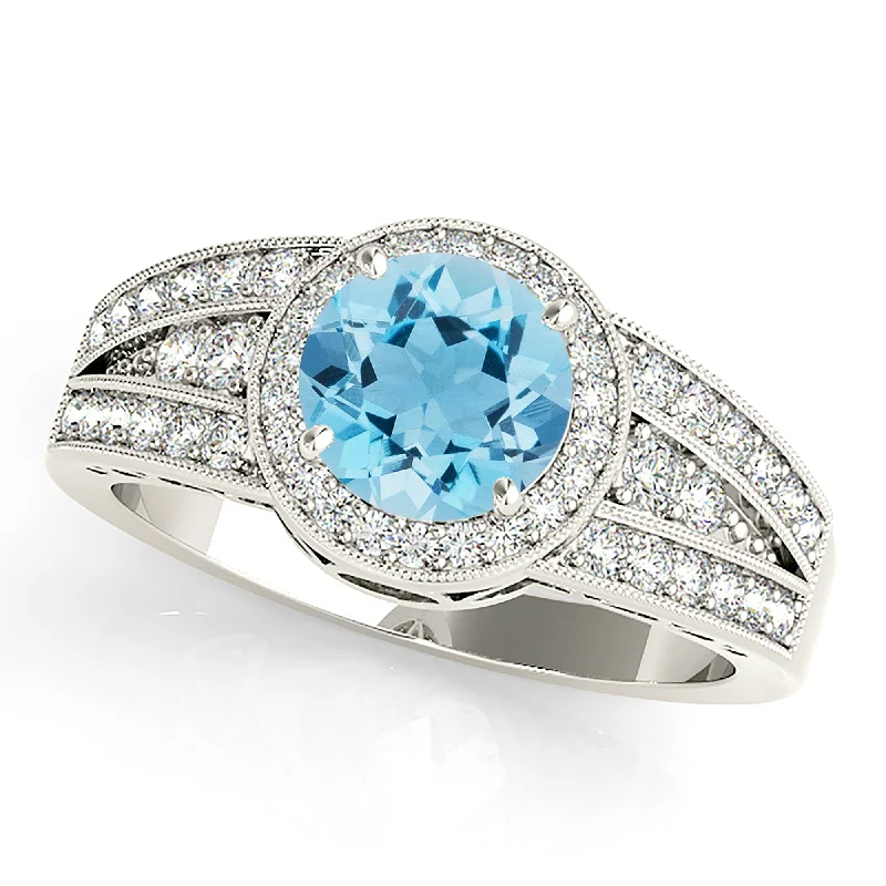 Large Gold Ring-1.10 ct. Genuine Aquamarine Ring With Halo, Graduating Diamond Band