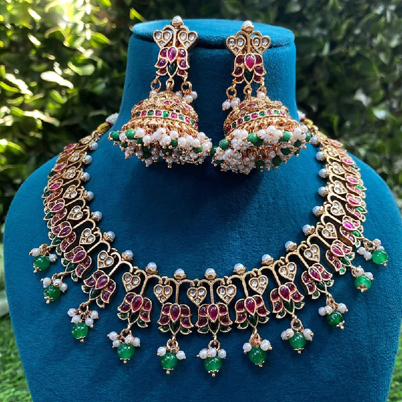 Handmade Necklace-Royal Kundan Jewellery Gold Plated Pota Stone And Pearls Necklace Set