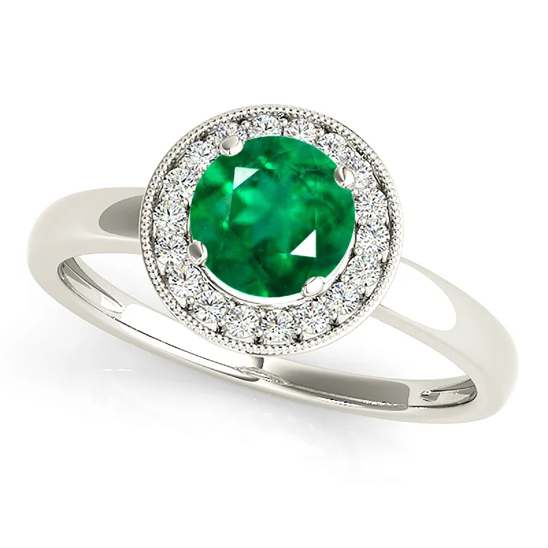 Solitaire Engagement Ring-1.15 ct. Genuine Emerald Ring with Milgrain Halo And Solid Gold Shank