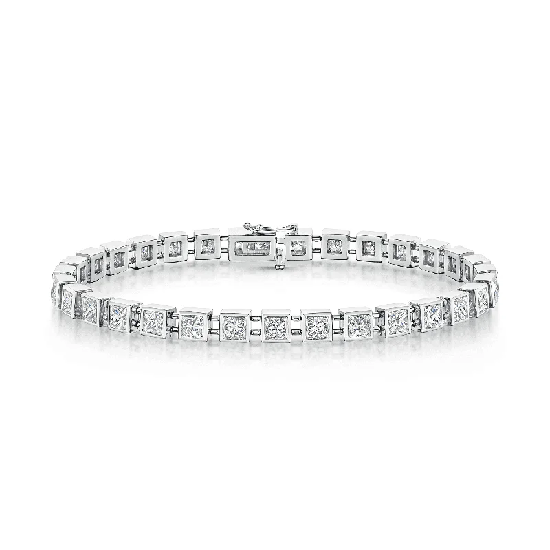 Adjustable Leather Bracelets-18ct White Gold Princess Cut Diamond Rubover Set Tennis Bracelet