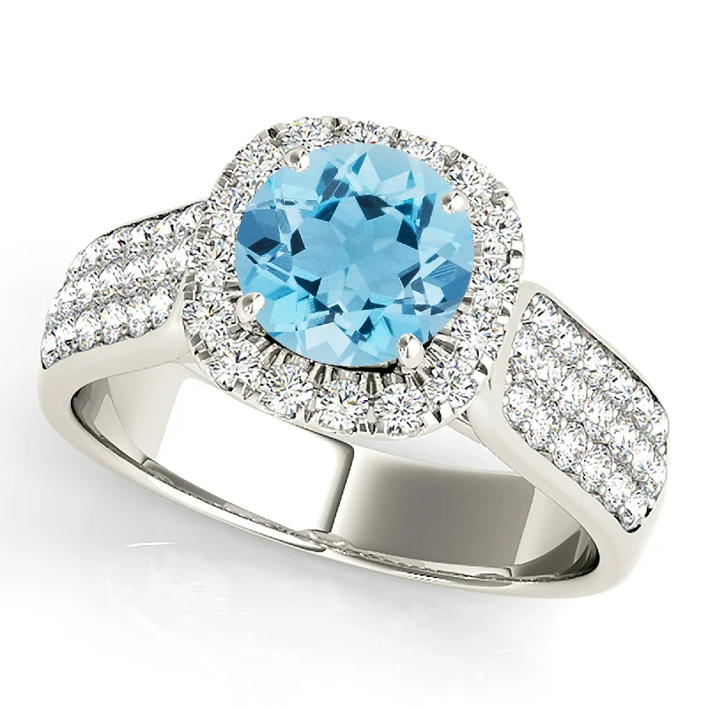 Unique Vintage Wedding Ring-1.10 ct. Genuine Aquamarine Ring With Cushion Halo And Triple Row Diamond Band