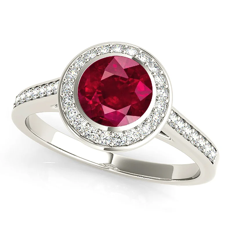 Birthstone Wedding Ring-1.35 ct. Genuine Ruby Ring With Halo, Delicate Diamond Band