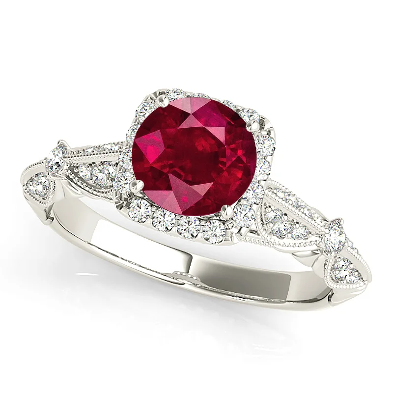 Simple Promise Ring-1.35 ct. Genuine Round Ruby With Square Halo, Milgrain Floral Diamond Band