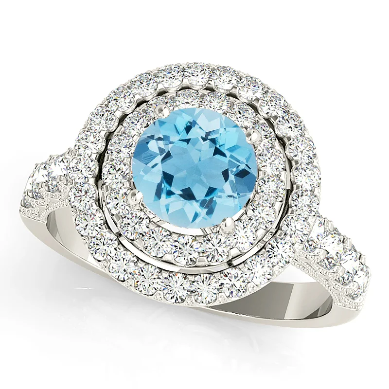 Boho Chic Ring-1.10 ct. Genuine Aquamarine Ring with Double Row Halo And  Milgrain Design