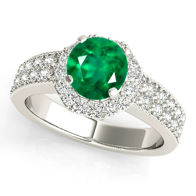 Fashionable Wedding Ring-1.15 ct. Genuine Emerald Ring With Halo ,Double Row Diamond Band