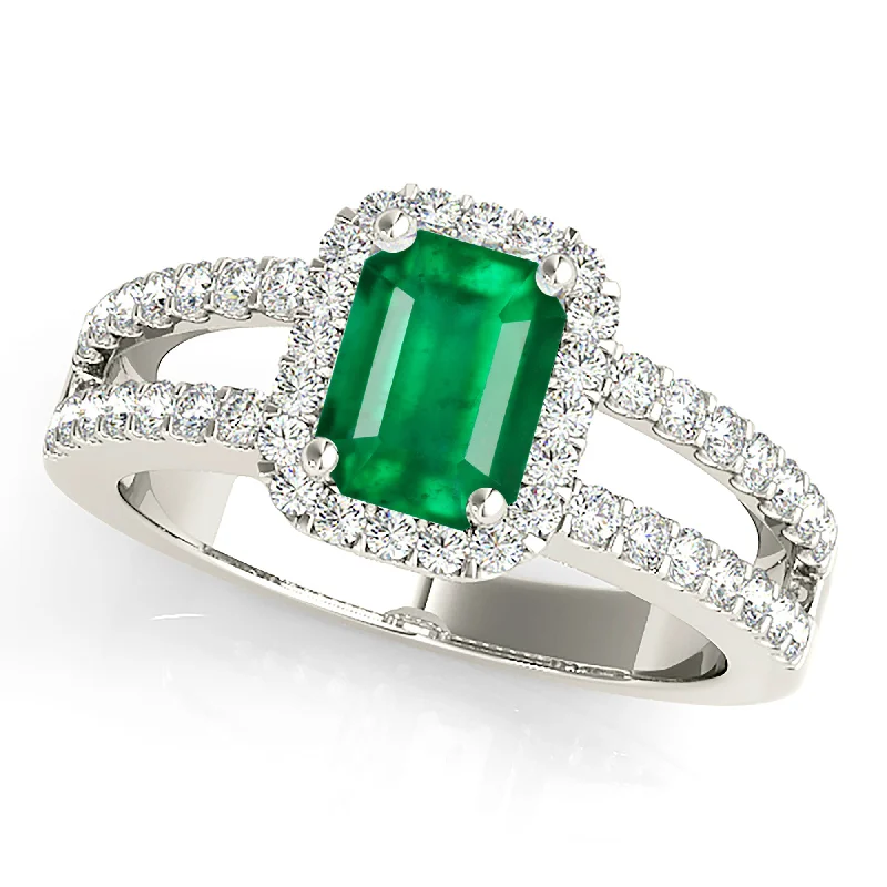 Adjustable Gold Ring-1.00 ct. Genuine Emerald Ring With Halo and Diamond Split Shank