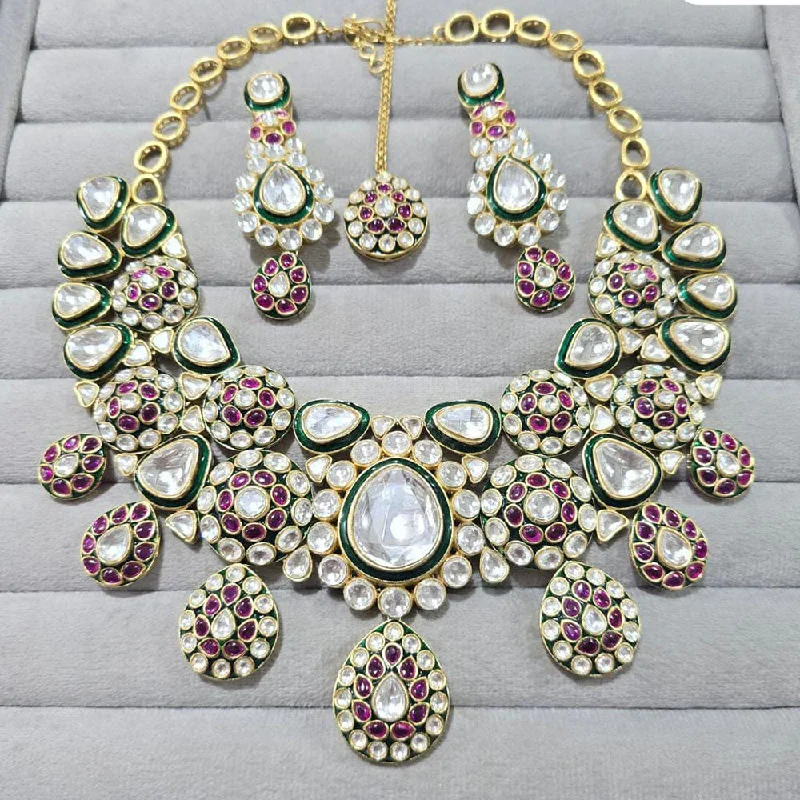 Silver and Gold Necklace-JCM Gold Plated Polki Kundan Stone And Meenakari Necklace Set