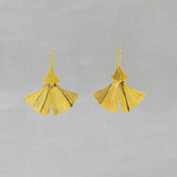 Unique Boho Earrings-18ct Gold Vermeil Gingko Textured Drop Earrings