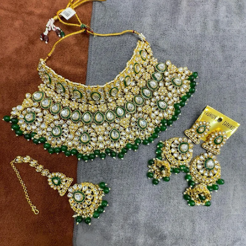 Celebrity Style Necklace-Neetu Art Gold Plated Kundan Stone And Beads Semi Bridal Necklace Set