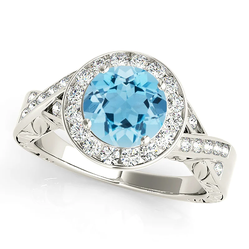 Simple Diamond Ring-1.75 ct. Genuine Aquamarine Ring With Halo, Filigree Accent Sides