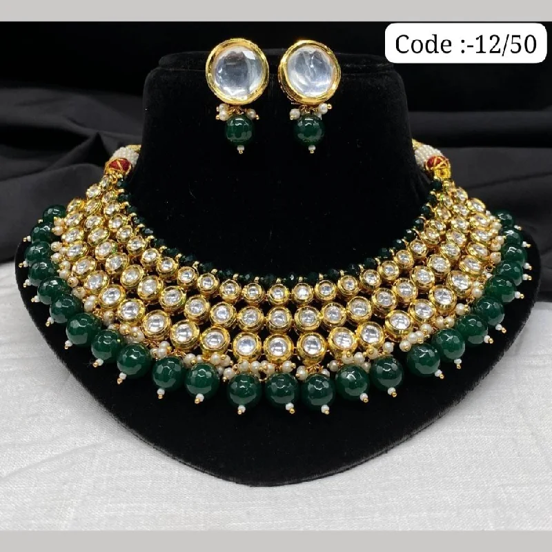 Art Deco Necklace-FS Collection Gold Plated Kundan Stone And Beads Necklace Set