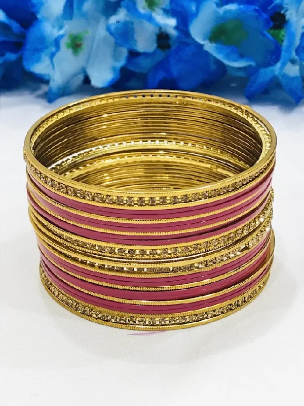 Personalized Nameplate Bangle-Attractive Dark Pink Color Stone Designed Party Wear Metal Bangles For Women