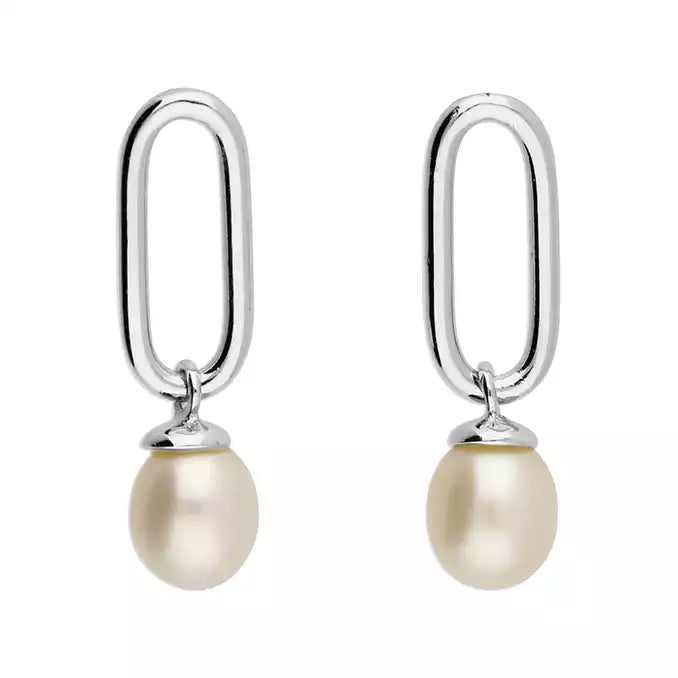 Bold Silver Earrings-Sterling Silver Freshwater Pearl Oval Outline Drop Earrings